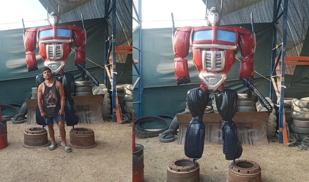 Danny Ruelas Challco primero dibuja en una hoja y luego le da la forma con las llantas. Foto: WhatsApp de La República