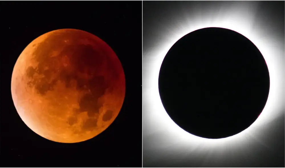 imágenes de un eclipse de luna (izquierda) y un eclipse de sol (derecha). Foto: composición / Matt Cardy / NASA