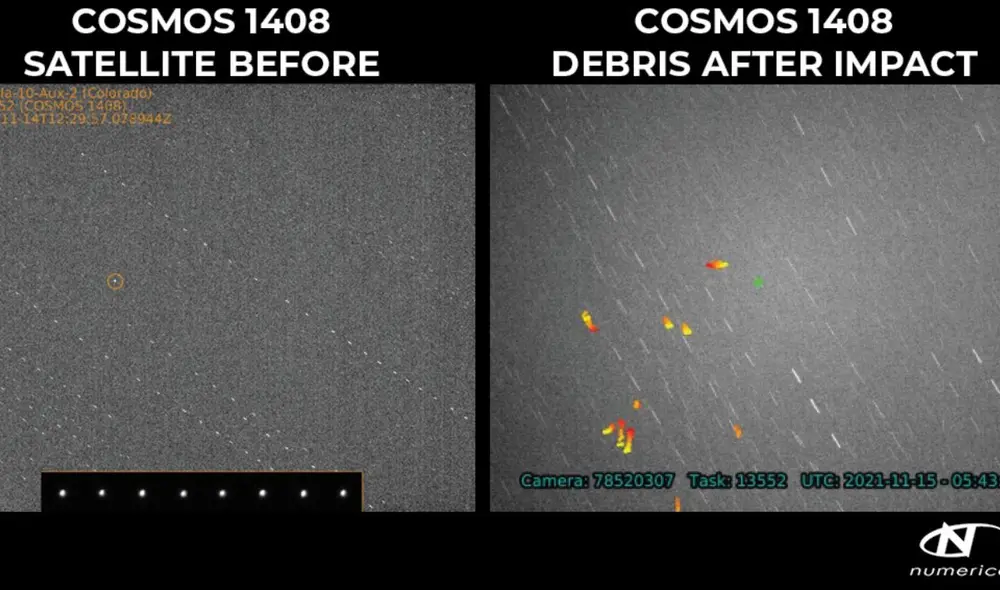 Imágenes del satélite soviético intacto en la imagen izquierda y después del impacto en la derecha. Foto: Numerica Corporation Imágenes del satélite soviético intacto en la imagen izquierda y después del impacto en la derecha. Foto: Numerica Corporation