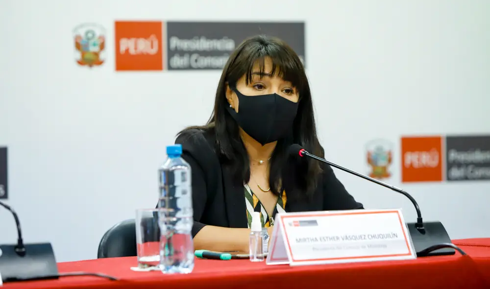 La primera ministra, Mirtha Vásquez, se dirigió a la prensa durante la conferencia del Consejo de Ministros. Foto: PCM / Video: TV Perú