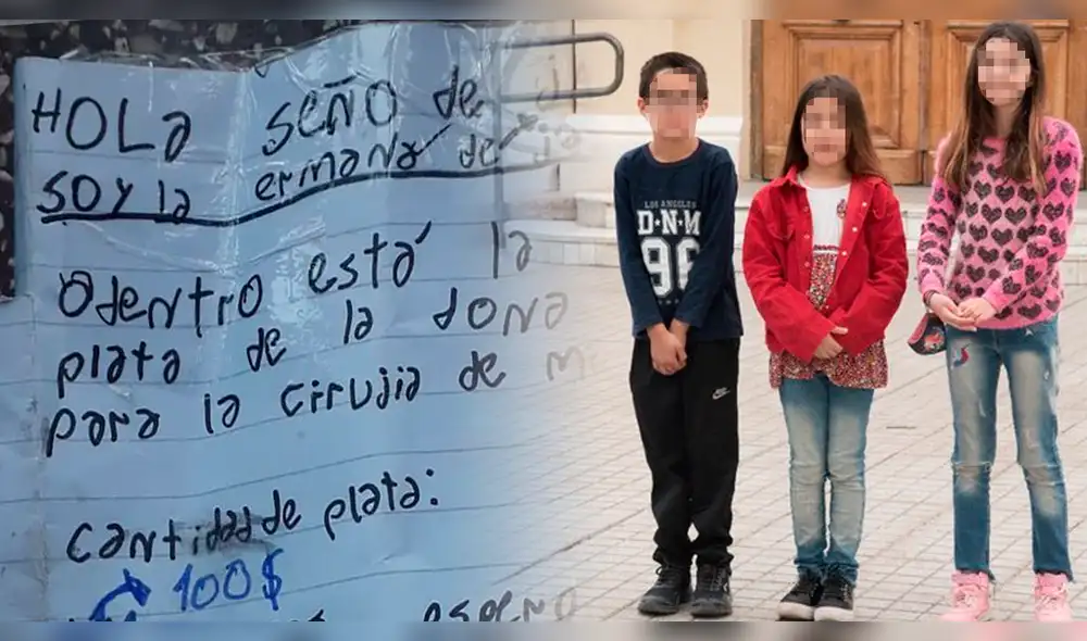 Mateo y sus compañeras, que le donaron su regalo del ‘ratón Pérez’, junto a una carta emotiva, frente a la Escuela General José de San Martín. Foto: Composición/Mariana V.