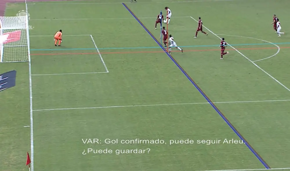 El trazado de líneas sobre el campo de juego confirmó la posición lícita de Lapadula en el 1-0. Foto: captura de Conmebol