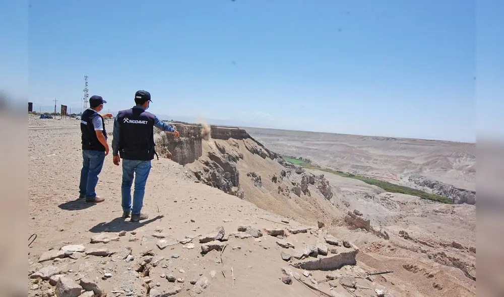 Especialistas señalan que el deslizamiento se acelera por factores externos como sismos, variación por lluvias, incremento del caudal del río Siguas y la vibración generada por vehículos de carga pesada. Foto: Ingemmet
