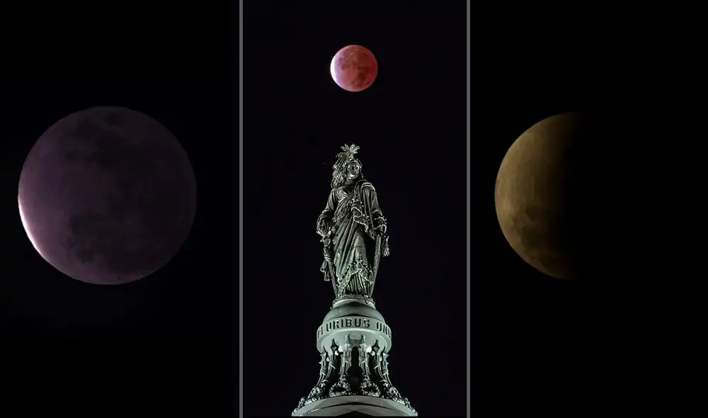 El eclipse lunar de este 19 de noviembre hizo que nuestro satélite natural luciera un color rojizo o cobrizo, dependiendo de las condiciones atmosféricas. Fotos: AFP / BASE / composición El eclipse lunar de este 19 de noviembre hizo que nuestro satélite natural luciera un color rojizo o cobrizo, dependiendo de las condiciones atmosféricas. Fotos: AFP / BASE / composición