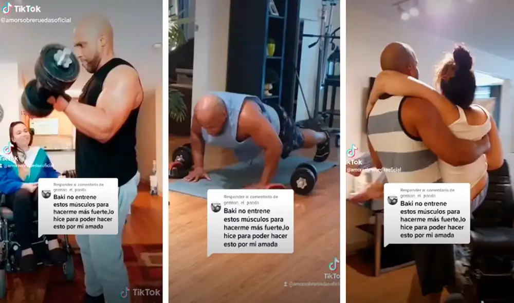 Un hombre armó un improvisado gimnasio para fortalecer sus brazos, debido a que quería cargar a su esposa para trasladarla por los espacios de su casa. Foto: captura de TikTok