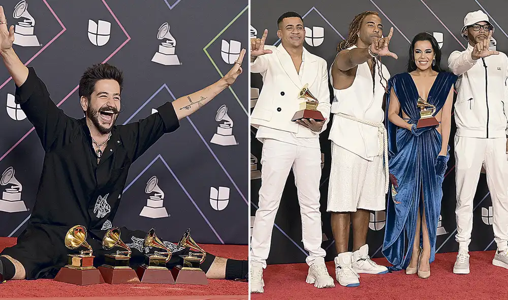 Camilo posa con sus 4 gramófonos y raperos cubanos celebran premio. Foto: AFP