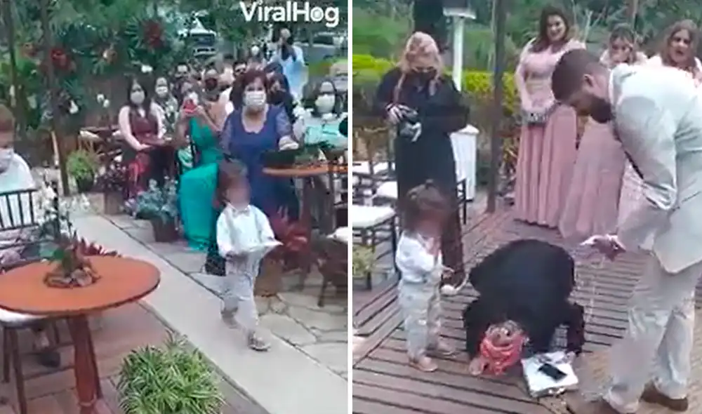 La pequeña caminaba muy segura hasta el altar cuando, de repente, se le cayeron los anillos. Foto: captura de Facebook La pequeña caminaba muy segura hasta el altar cuando, de repente, se le cayeron los anillos. Foto: captura de Facebook