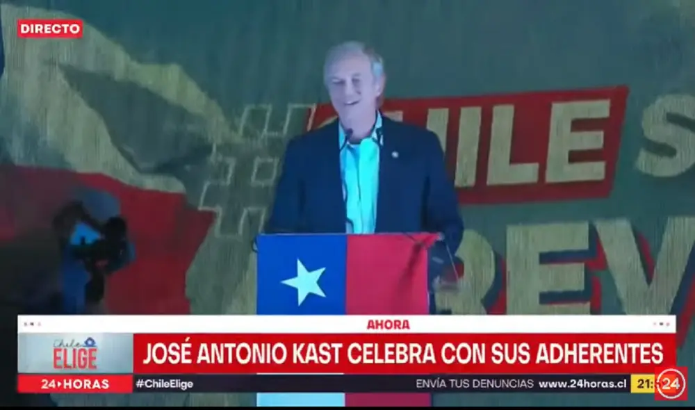 José Antonio Kast quedó primero en las elecciones presidenciales en Chile y fue respaldado por sus simpatizantes en Santiago. Foto: captura de Meganoticias