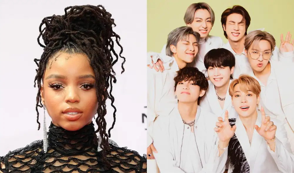 Chloe Bailey y BTS posan juntos en la alfombra roja de los American Music Awards 2021. Foto: composición/ ET/ BTS Spain