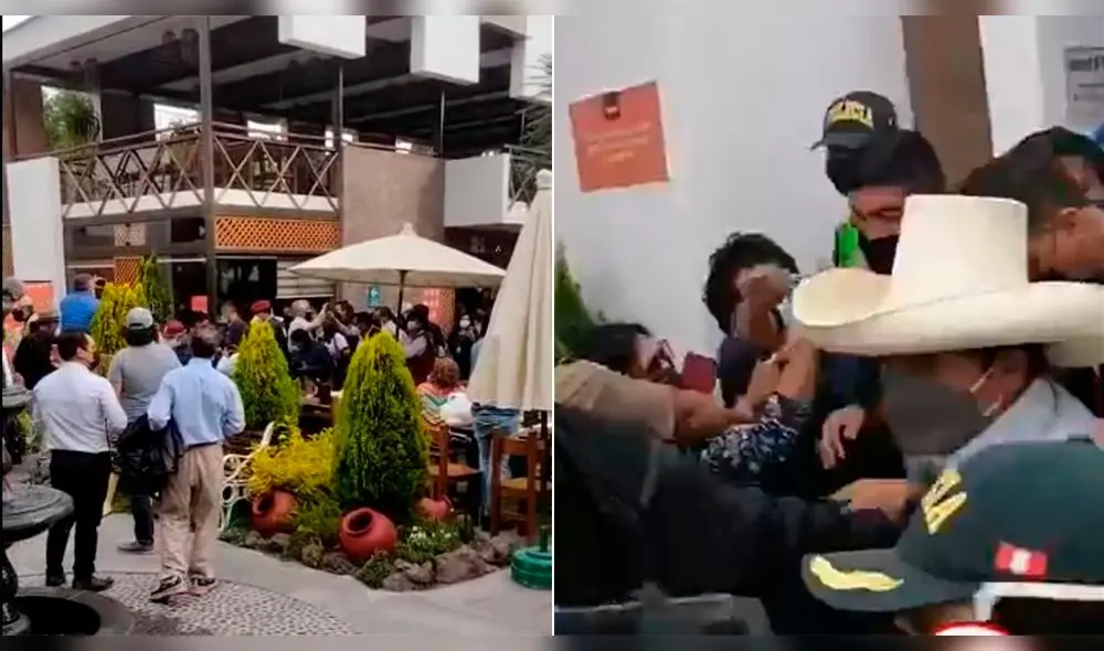 Un grupo de comensales, por algunos minutos, hizo reclamos al presidente Castillo, a su salida de un restaurante en Arequipa. Foto: Composición Radio Victoria y Daniel de Amat Un grupo de comensales, por algunos minutos, hizo reclamos al presidente Castillo, a su salida de un restaurante en Arequipa. Foto: Composición Radio Victoria y Daniel de Amat