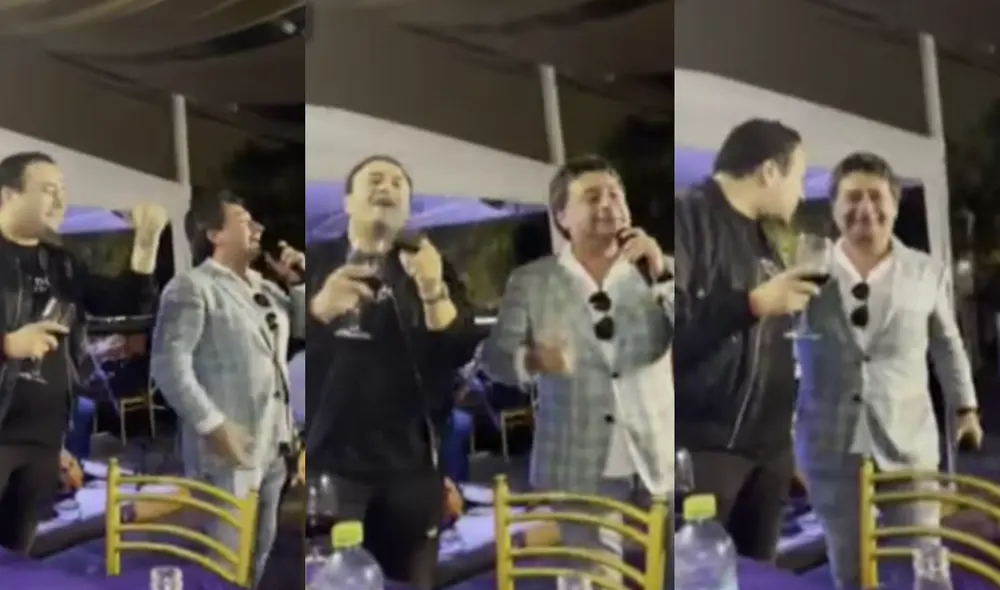 El novio de Sheyla Rojas entonó una canción del 'Divo de México' junto al notario Alfredo Zambrano. Foto: Magaly TV/captura.