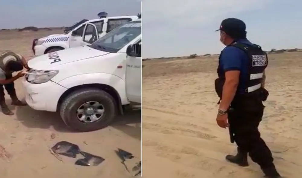 Sujetos también hicieron daños en camioneta de efectivos de Mórrope. Foto: Composición La República /PNP