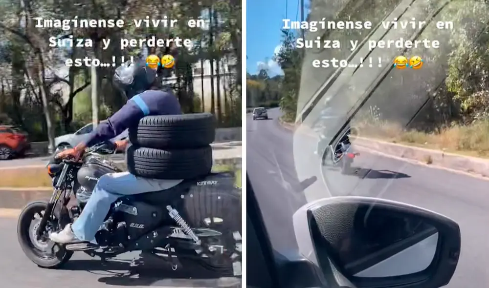 El hombre se introdujo en el hoyo de las llantas y condujo su moto por una transitada carretera. Foto: captura de TikTok
