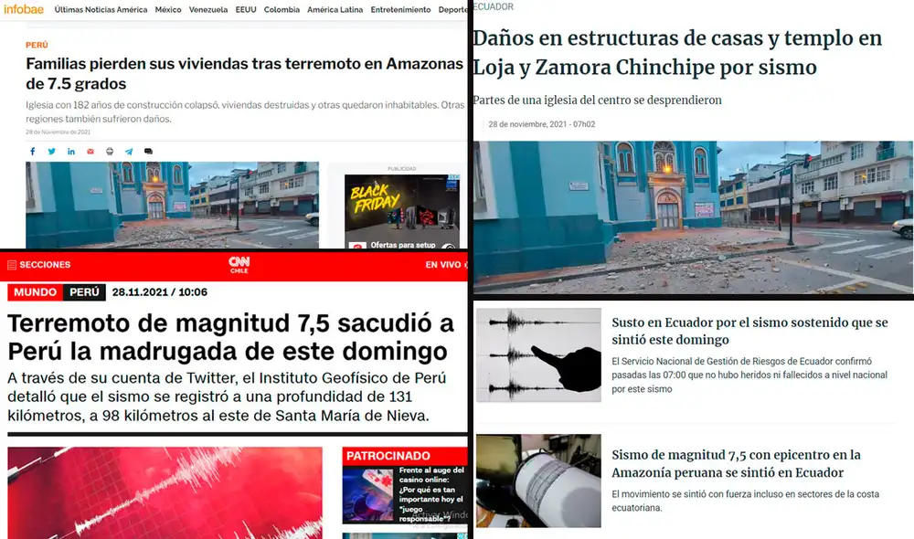 Este terremoto de 7.5 reportó daños materiales en Amazonas y en Ecuador. Foto: composición LR Este terremoto de 7.5 reportó daños materiales en Amazonas y en Ecuador. Foto: composición LR