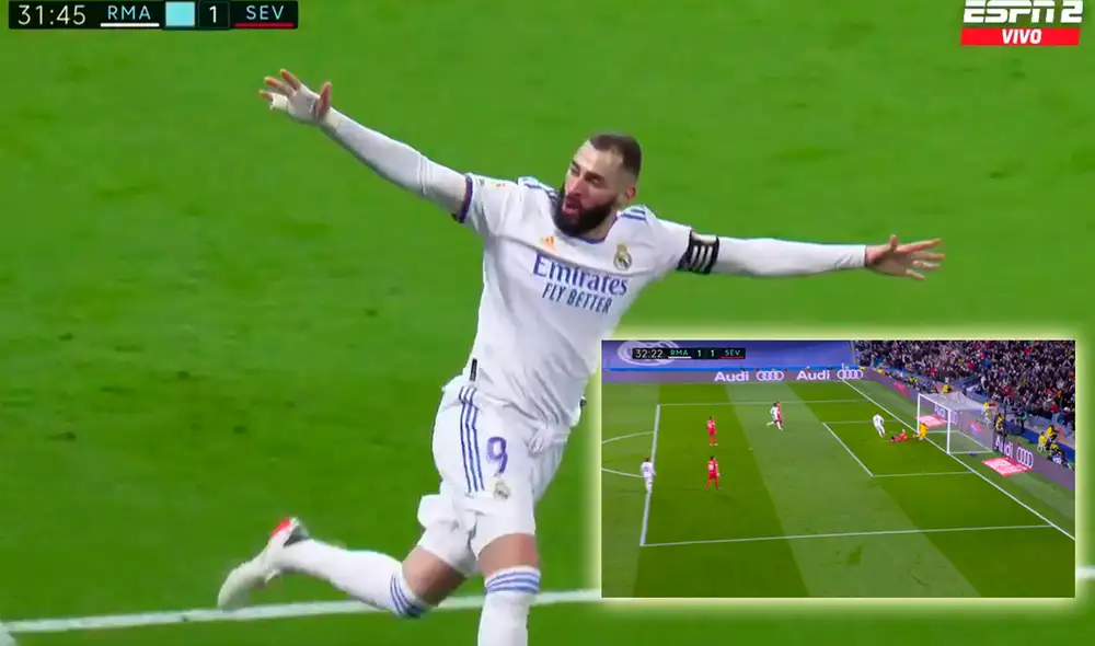 Karim Benzema puso el 1-1 transitorio del Real Madrid ante el Sevilla. Foto: captura ESPN Karim Benzema puso el 1-1 transitorio del Real Madrid ante el Sevilla. Foto: captura ESPN