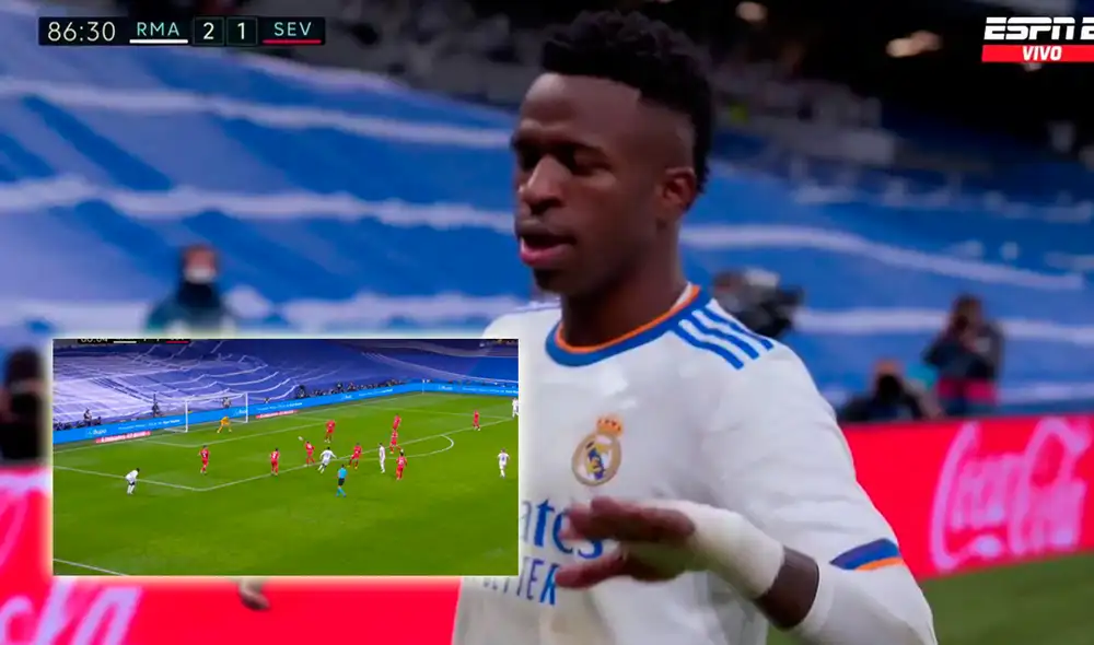 Vinicius le dio la victoria al Real Madrid ante el Sevilla por LaLiga 2021-22. Foto: captura ESPN Vinicius le dio la victoria al Real Madrid ante el Sevilla por LaLiga 2021-22. Foto: captura ESPN