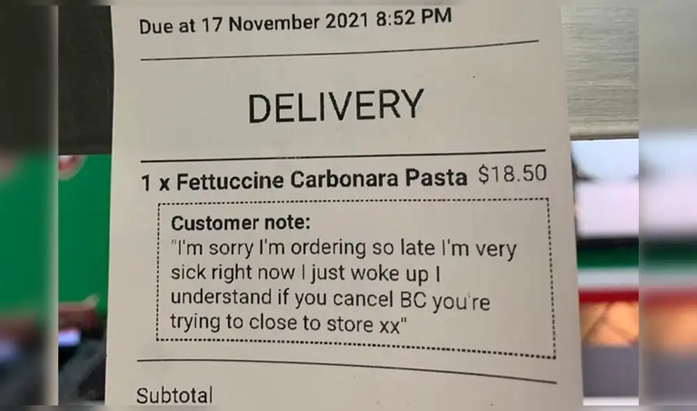 El cliente dejó la siguiente nota: “Lamento haber pedido tan tarde, es que estoy muy enfermo en este momento y me acabo de levantar. Entiendo si cancelas porque deben estar cerrando la tienda 'xx'”. Foto: captura de Facebook El cliente dejó la siguiente nota: “Lamento haber pedido tan tarde, es que estoy muy enfermo en este momento y me acabo de levantar. Entiendo si cancelas porque deben estar cerrando la tienda 'xx'”. Foto: captura de Facebook