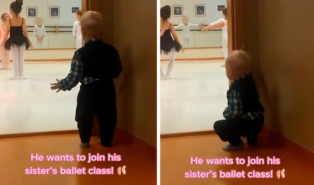 El pequeño niño seguía exactamente los pasos que realizaba su hermanita durante su clase de ballet. Foto: captura de Facebook