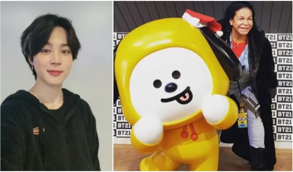 Eva Ayllón y Chimmy, personaje de BT21 creado por Jimin. Foto: composición LR / Twitter / Instagram Eva Ayllón y Chimmy, personaje de BT21 creado por Jimin. Foto: composición LR / Twitter / Instagram