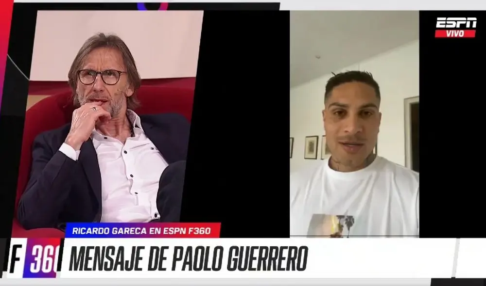 Paolo Guerrero saludó a Ricardo Gareca donde le expresó su respeto y cariño por lo hecho con la selección. Foto: captura ESPN. Paolo Guerrero saludó a Ricardo Gareca donde le expresó su respeto y cariño por lo hecho con la selección. Foto: captura ESPN.