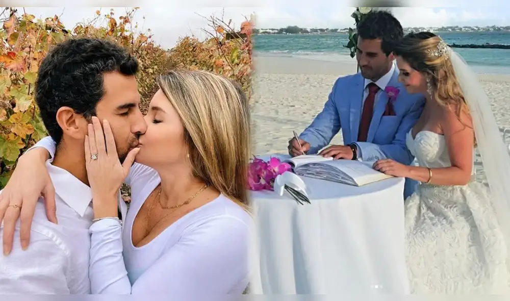 Alexandra Hörler lució un vestido blanco, mientras que su esposo usó un terno celeste.. Foto: composición/Alexandra Hörler/Instagram