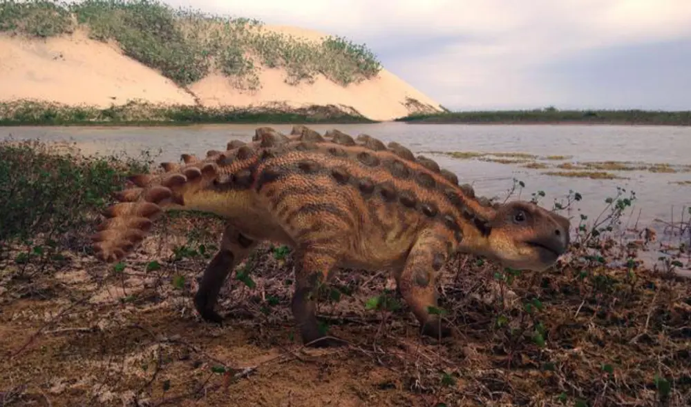 Reconstrucción del Stegourus en hábitat natural. Foto: Lucas Jaymez / Dinoesculturas