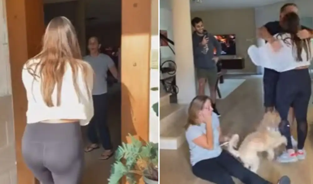 Cuando su madre abre la puerta, no puede creer que se trata de su hija a quien no ve hace mucho tiempo. Foto: captura de YouTube