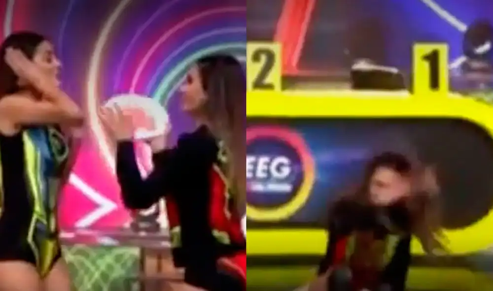Tepha Loza se levantó del piso sin problemas tras cumplir el reto de tortazo en la cara. Foto: captura América TV