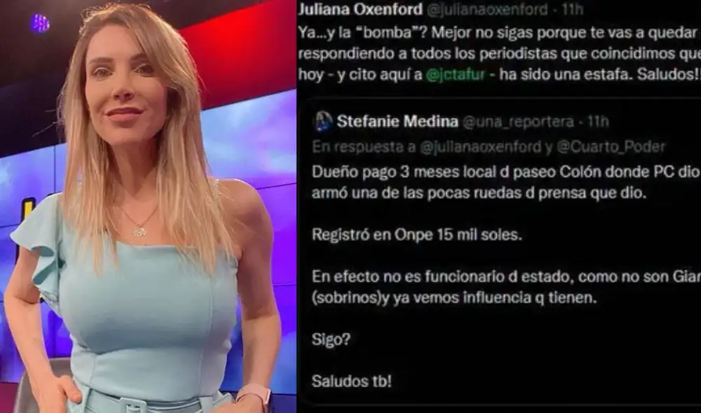 Juliana Oxenford se enfrenta a reportera de Cuarto Poder en Twitter por supuesto 'audio bomba'. Foto: composición/ La República/ Twitter Juliana  Oxenford