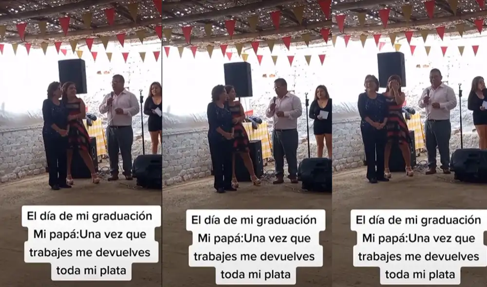 La joven se sorprendió por el repentino discurso de su padre y no pudo evitar reírse por su comentario. Foto: captura de TikTok