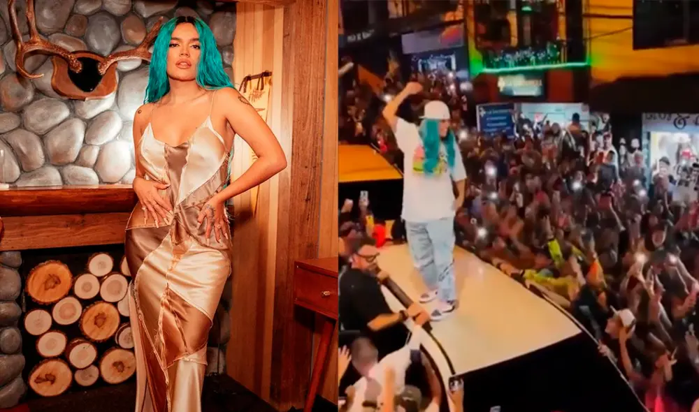 Karol G saludó muy emocionada a sus fans que la esperaban a la salida de restaurante en Colombia. Foto: composición Karol G/Instagram, captura Twitter.