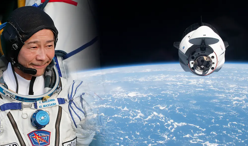 El multimillonario Yusaku Maezawa mientras aborda la nave espacial Soyuz MS-20 antes de despegar a la Estación Espacial Internacional. Foto: composición/AFP
