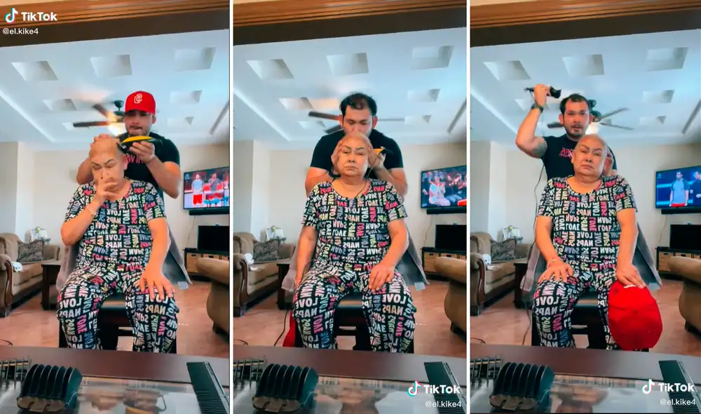 La mujer comenzó a llorar de emoción al ver que su hijo le daba ánimos cortándose el cabello. Foto: captura de TikTok