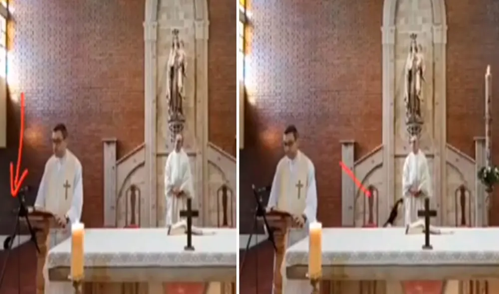 El padre se percató de la presencia del travieso felino que deambuló por el altar. Por ello, trató de ignorarlo para continuar con la ceremonia religiosa. Foto: captura de Facebook