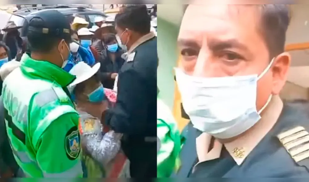 El comandante PNP Pastor empujó a una mujer, quien intentó ingresar a la comisaría de Chivay. Foto: composición La República/captura de video Radio Contacto Sur