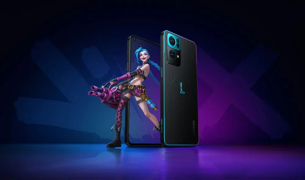 El teléfono incluye diferentes accesorios temáticos basados en el personaje de Jinx. Foto: Oppo El teléfono incluye diferentes accesorios temáticos basados en el personaje de Jinx. Foto: Oppo
