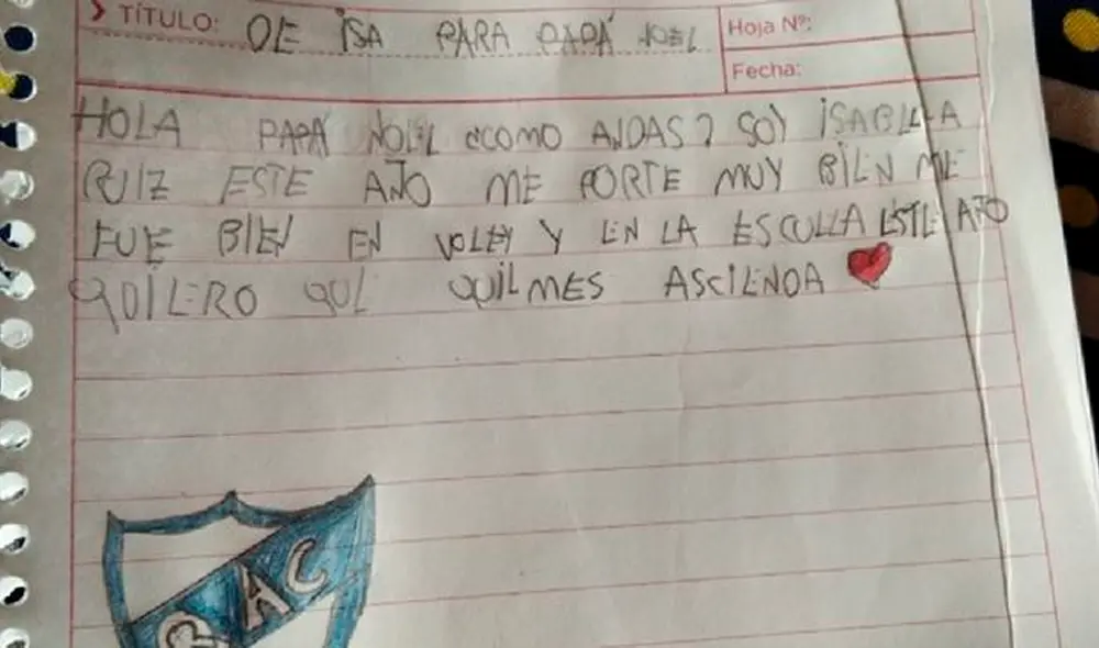 La carta de la niña emocionó a los hinchas del club deportivo Quilmes, quienes no tardaron en escribirle tiernos mensajes. Foto: captura de Facebook La carta de la niña emocionó a los hinchas del club deportivo Quilmes, quienes no tardaron en escribirle tiernos mensajes. Foto: captura de Facebook