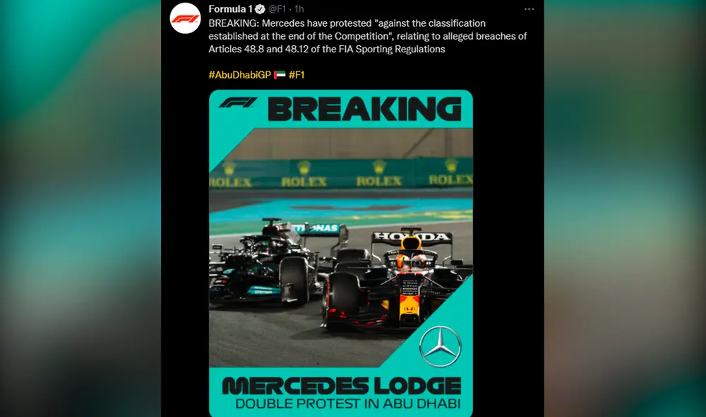 Pese a la derrota de Hamilton, Mercedes se consagró campeón de la F1 por equipos. Foto: Twitter F1 Pese a la derrota de Hamilton, Mercedes se consagró campeón de la F1 por equipos. Foto: Twitter F1