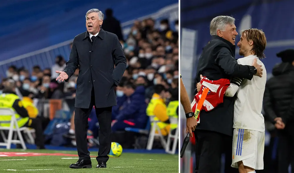 Carlo Ancelotti y su abrazo con Luka Modrić. Foto: composición/ EFE