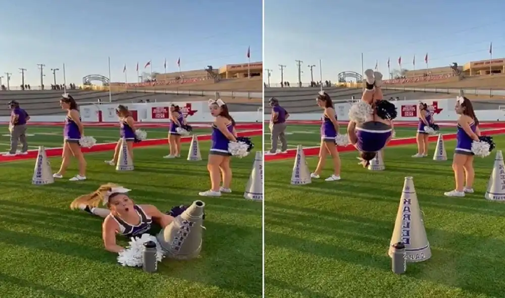 Una porrista sufre dolorosa caída cuando realizaba un acto acrobático. Foto: captura de TikTok. Una porrista sufre dolorosa caída cuando realizaba un acto acrobático. Foto: captura de TikTok.