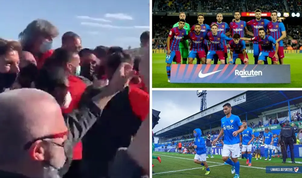 Así celebraron los jugadores del Linares Deportivo. Foto: Composición LR/Linares/FC Barcelona.