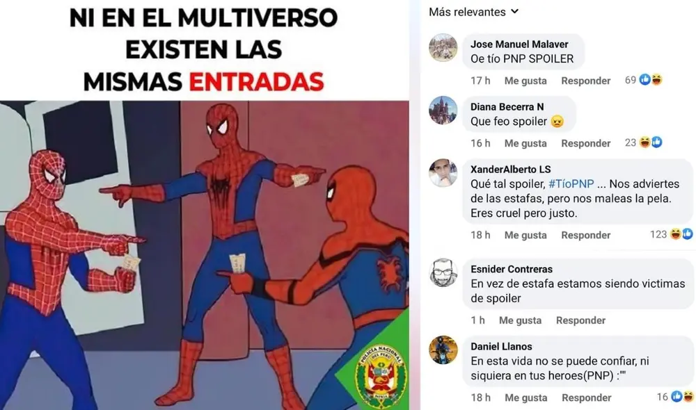 Algunos usuarios tomaron con diversión el sutil spoiler de Spider-Man: no way home y otros pidieron que también estén atentos a la venta fraudulenta de entradas a conciertos. Foto: captura de Facebook