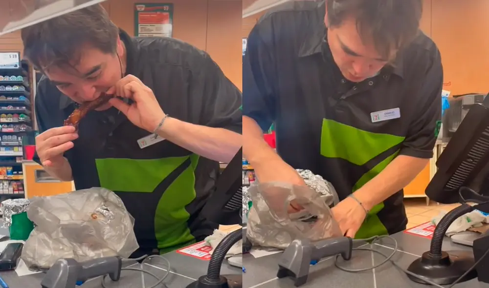 El joven disfrutó de varios platillos de comida que una cliente llevó al local donde trabajó por varias horas. Foto: captura de TikTok