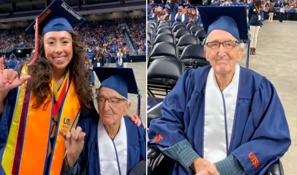 Melanie pasó al escenario a recibir su diploma empujando la silla de ruedas del abuelo René Neyra. Foto: captura de YouTube Melanie pasó al escenario a recibir su diploma empujando la silla de ruedas del abuelo René Neyra. Foto: captura de YouTube