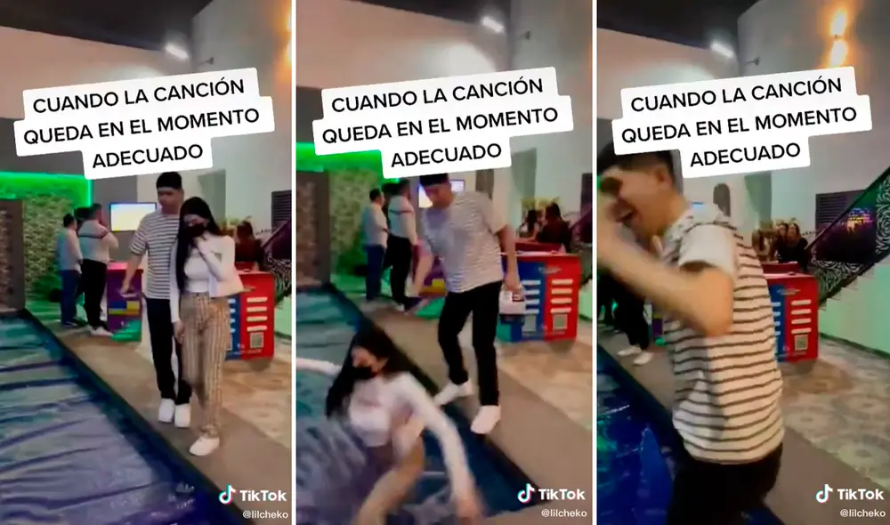 Pese a que la joven miró al piso no notó que había una piscina cubierta con una lona azul. Foto: captura de TikTok Pese a que la joven miró al piso no notó que había una piscina cubierta con una lona azul. Foto: captura de TikTok