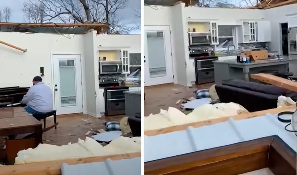 Mientras que el hombre tocaba el piano, su hermana mostraba los daños ocasionados a la vivienda. Foto: captura de Facebook