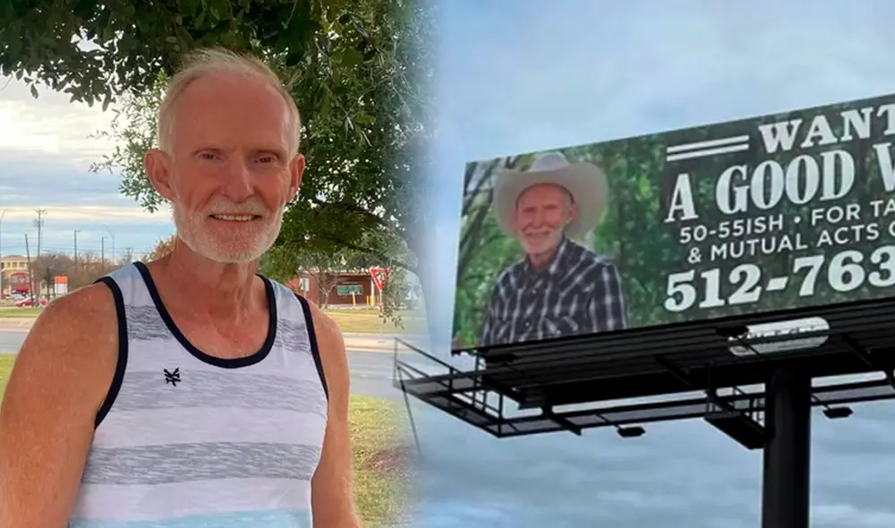 Jim Bays y su valla publicitaria por donde busca el amor. Foto: composición/Austonia