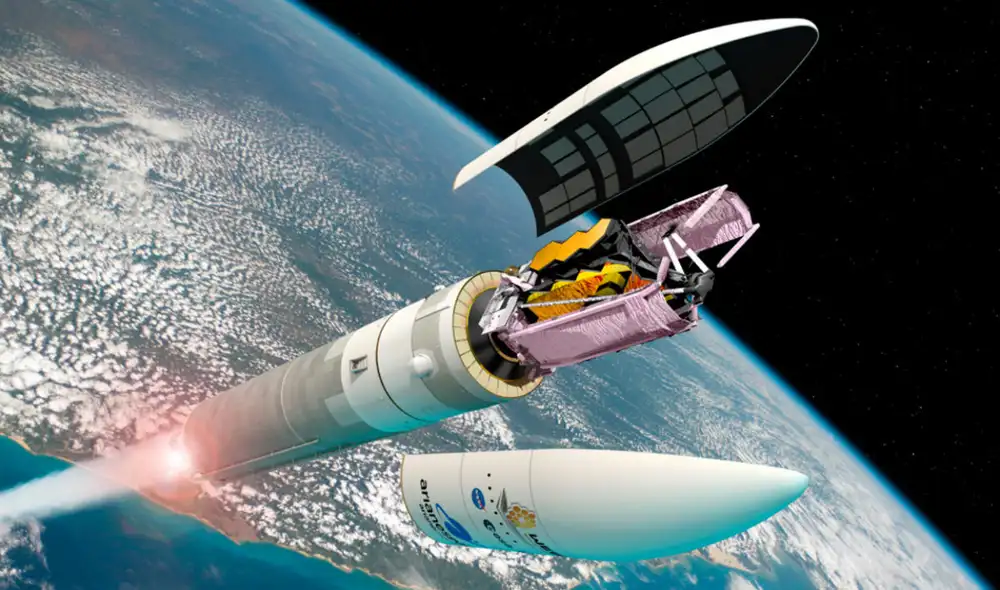Imagen artística del telescopio James Webb plegado, listo para separarse del cohete Ariane 5 al salir de la Tierra. Foto: ESA / D. Ducros
