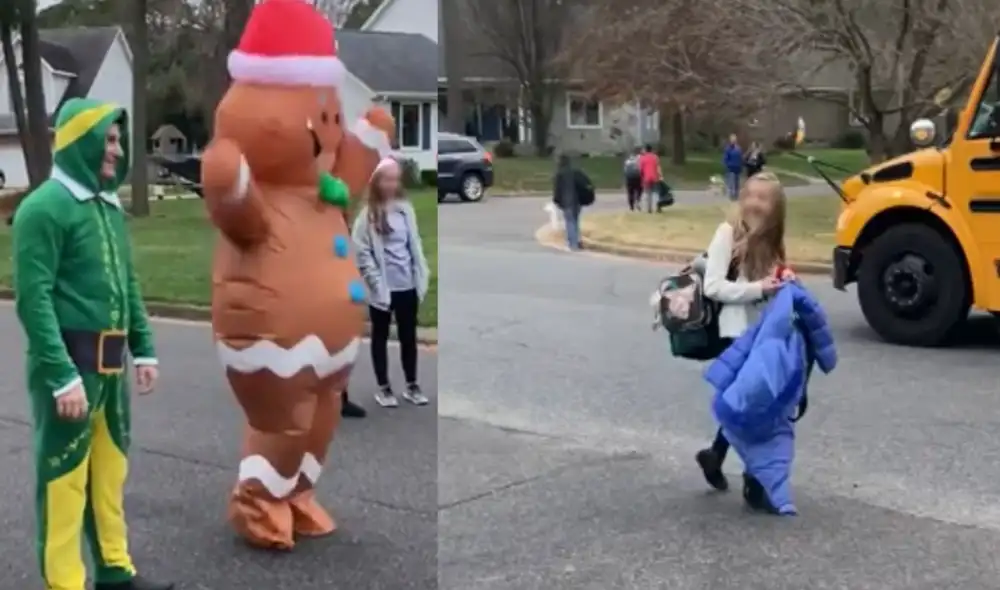Padres se visten como elfo y la galleta de jengibre para sorprender a su hija después de clases. Foto: captura de TikTok.