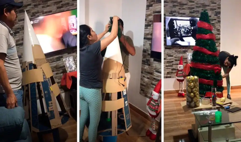 Los integrantes de una familia demostraron su creatividad al poner en marcha un plan para fabricar un árbol de enorme tamaño dentro de su casa. Foto: captura de Facebook Los integrantes de una familia demostraron su creatividad al poner en marcha un plan para fabricar un árbol de enorme tamaño dentro de su casa. Foto: captura de Facebook